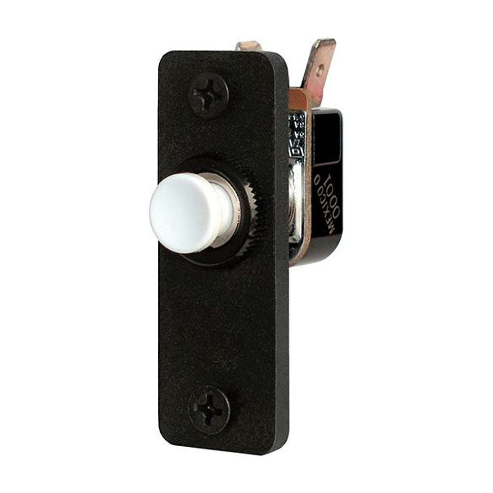 Blue Sea 8200 Push Button Panel Switch, SPST, non-corrosive, nickel-plated brass construction.