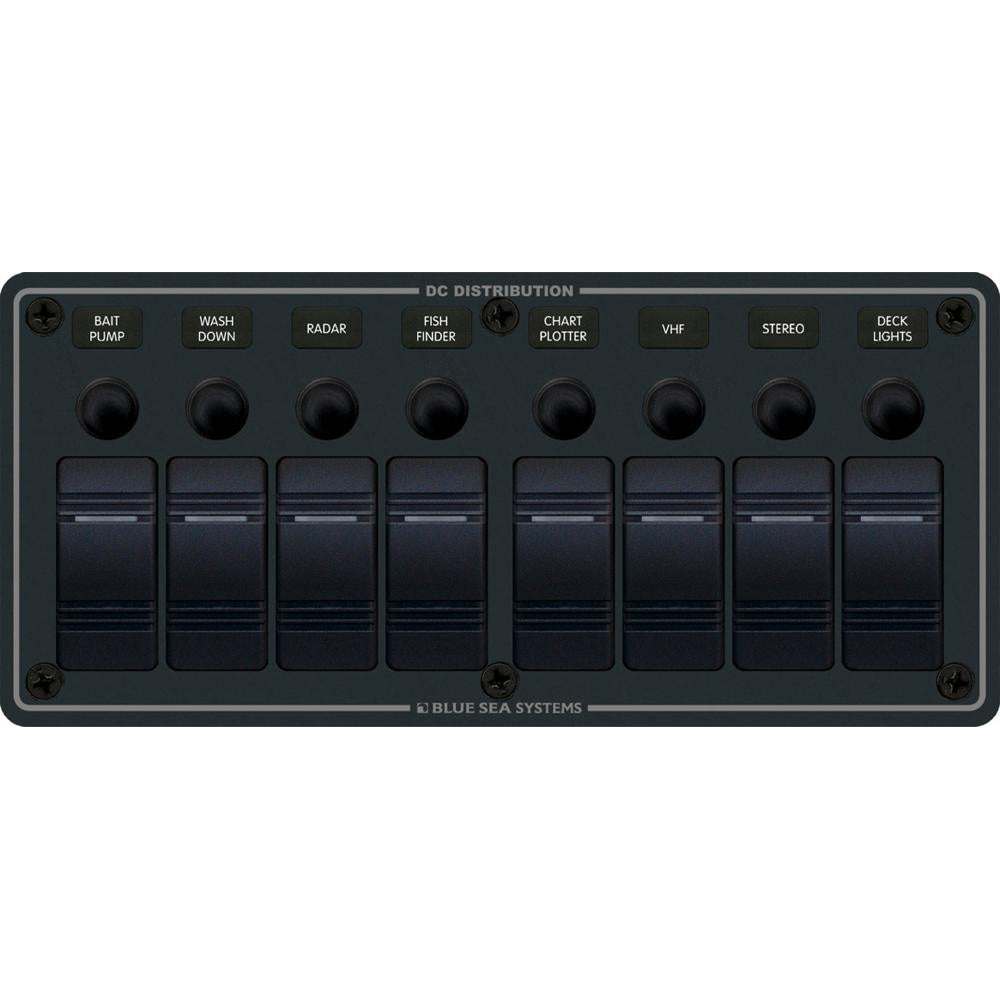 Blue Sea 8371 water resistant panel with 8 positions, black, horizontal mount.