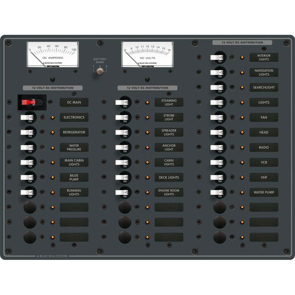 Blue Sea 8382 DC Main with 35 Positions circuit panel, featuring multiple circuit breakers and digital multimeter.