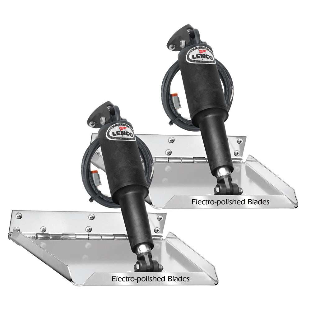 Lenco 16" x 12" standard performance trim tab kit with electro-polished stainless steel blades and electric actuators.