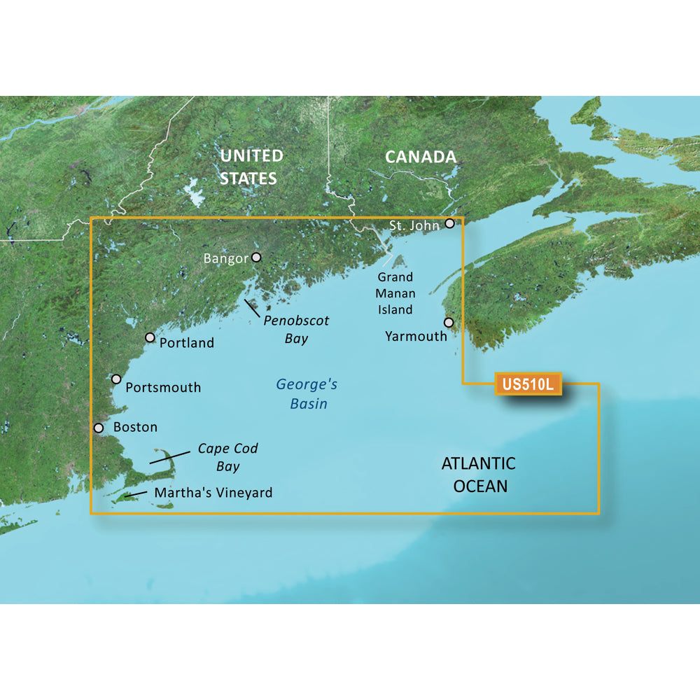 Garmin BlueChart g3 Vision HD VUS510L coverage map from St. John to Cape Cod, showing detailed coastal navigation areas.