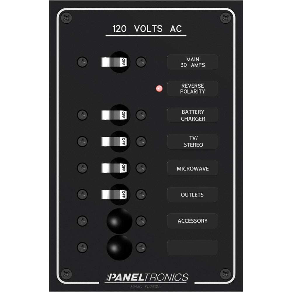 Paneltronics Standard AC 6 Position Breaker Panel with Main 30AMP, 4 installed breakers, and 2 blanks.