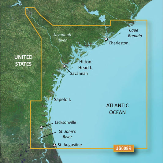 Garmin BlueChart g3 Vision HD VUS008R Charleston to Jacksonville map with high-resolution coverage including Savannah and the St. John's River.