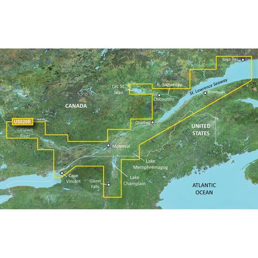 Garmin BlueChart g3 Vision HD - VUS020R map coverage of St. Lawrence Seaway, showing detailed navigation areas including Brockville to Sept-Iles, Montreal, Quebec, Lake Champlain.