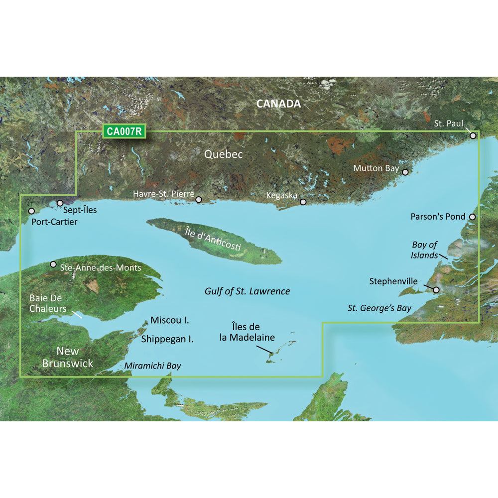Garmin BlueChart g3 Vision HD VCA007R map showing coverage from Miramichi Bay to Les Mechins, Quebec and St. George's Bay, Newfoundland on microSD/SD.