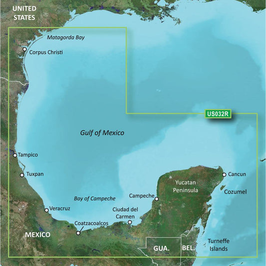Garmin BlueChart g3 Vision HD map covering Southern Gulf of Mexico from Matagorda Bay to Belize City, featuring advanced navigation technology.