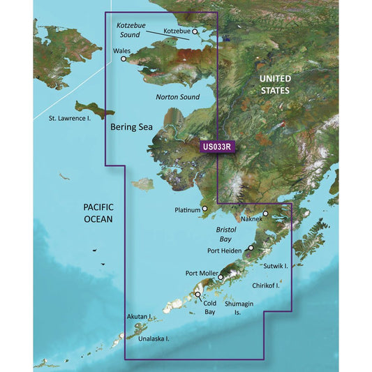 Garmin BlueChart g3 Vision HD map coverage of Bristol Bay to Kotzebue Sound including coastal navigation landmarks.