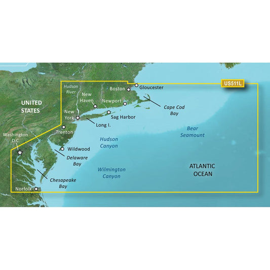Map showing the coverage area of Garmin BlueChart g3 Vision HD VUS511L, from Gloucester, MA to Wildwood, NJ, including coastal features and navigation landmarks.