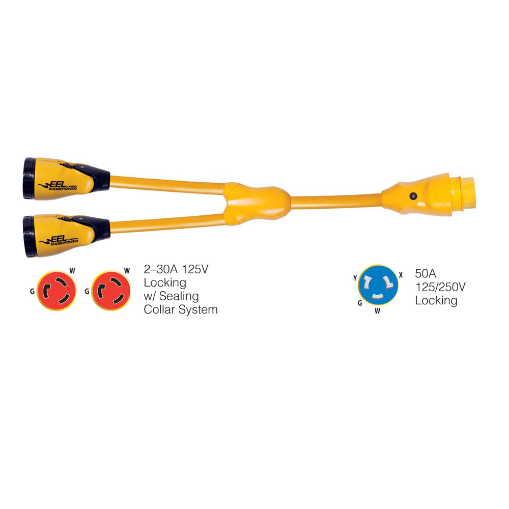 Marinco Y504-2-30 EEL (2)-30A-125V Female to (1)50A-125/250V Male "Y" Adapter - Yellow [Y504-2-30] - Sea & Tech Outfitters Florida, LLC