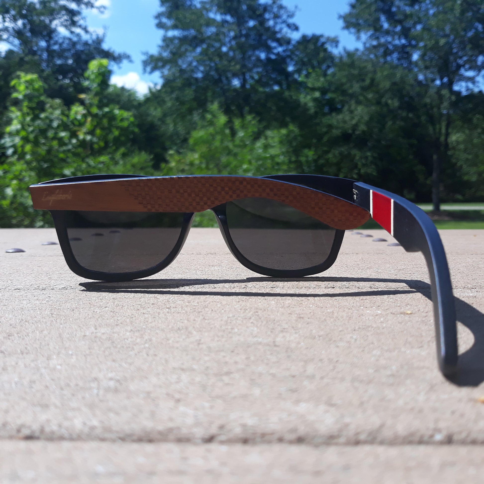 Engleberts Red Stripe Two Tone Sunglasses, Engraved and Polarized
